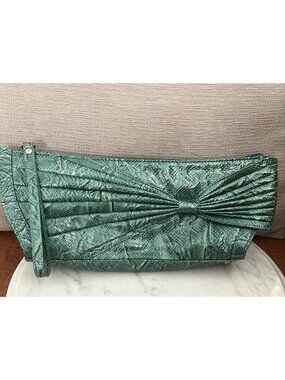 Teal Faux Snakeskin Embossed Clutch Pleated Knot Front Textured Evening Bag Y2K